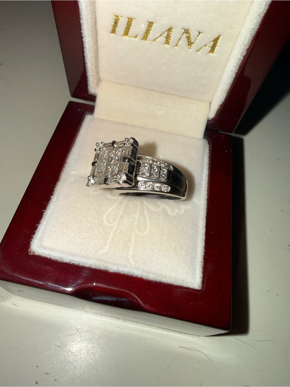 14k White Gold Ring Diamond Cluster With Baguettes Emerald Cut - White - Picture 8 of 10